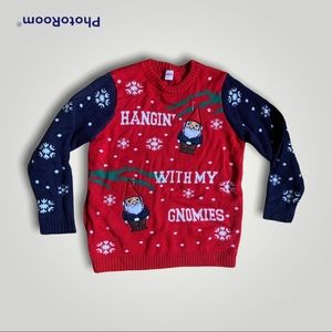 Holiday time ugly Christmas sweater hanging with my Gnomies